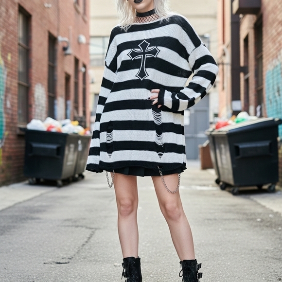 Dolls Kill Sweaters - Black & White Striped Oversized Sweater with Cross Detail